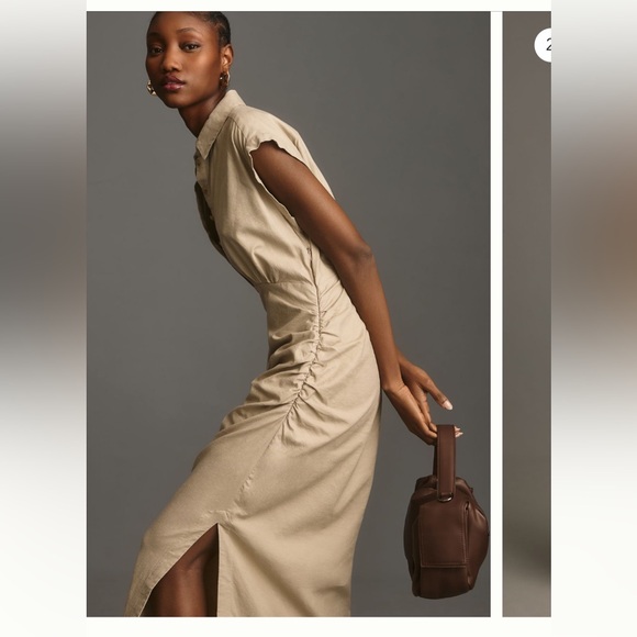 Cap Sleeve V Neck Ruched Slim Midi Dress - Picture 2 of 5